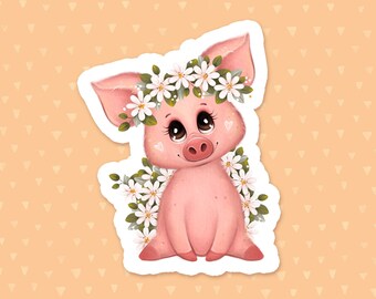 Watercolor Pig Sticker, Floral Laptop Sticker, Fairy Water Bottle Sticker, Farm Animal Phone Case Sticker, Waterproof Sticker, Gift For Mom