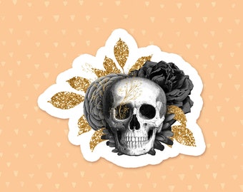 Floral Skull Sticker, Gold Flowers, Black And White Skeleton, Laptop Sticker, Water Bottle Sticker, Phone Case Sticker, Waterproof Sticker