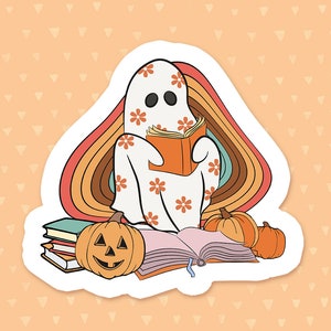 Ghost Sticker, Reading Sticker, Halloween Laptop Sticker, Water Bottle Sticker, Book Lover Phone Case Sticker, Waterproof Sticker