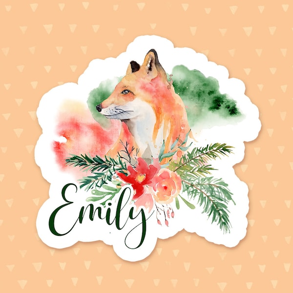 Personalized Watercolor Fox Sticker, Red Fox Sticker, Custom Waterbottle Sticker, Custom Animal Phone Case Sticker, Gift For Forest Lovers