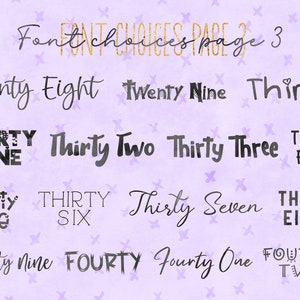 May include: A page of font choices for a design project. The page is on a light purple background with a gold glitter pattern. The fonts are in black and are numbered from twenty-eight to forty-two.