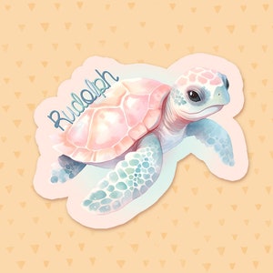 May include: A sticker featuring a watercolor illustration of a pink and blue sea turtle with the word "Rudolph" written on the shell.