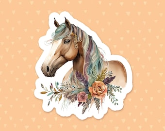 Horse Sticker, Watercolor Flowers, Laptop Sticker, Water Bottle Sticker, Phone Case Sticker, Cute Waterproof Sticker, Gift For Animal Lovers
