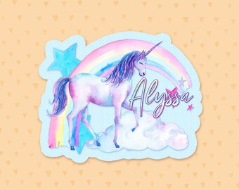 Personalized Unicorn Sticker, Birthday Party Favor, Rainbow Sticker, Custom Water Bottle Sticker, Phone Case Sticker, Unicorn Lover Gift