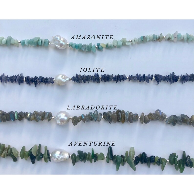 Aventurine Stone and Large Baroque Peal Necklace with Sterling Silver Square Beads Amazonite Labradorite Gift Pearl Necklace Iodite