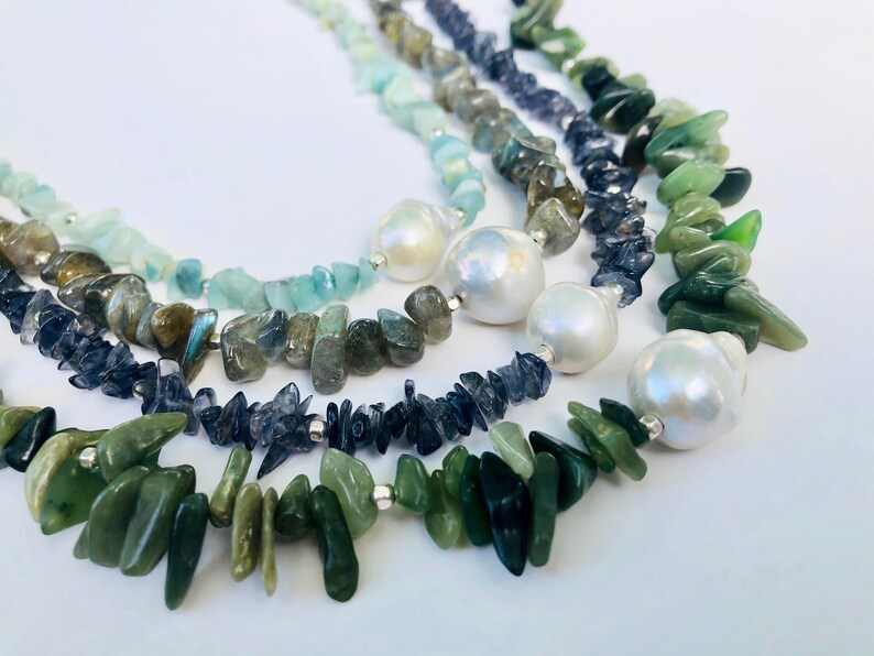 Aventurine Stone and Large Baroque Peal Necklace with Sterling Silver Square Beads Amazonite Labradorite Gift Pearl Necklace Iodite