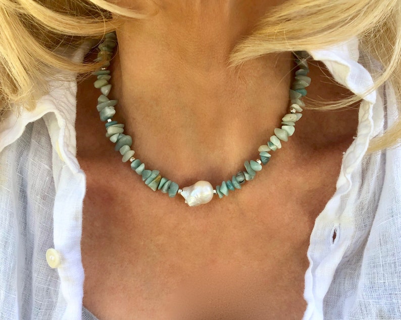 Aventurine Stone and Large Baroque Peal Necklace with Sterling Silver Square Beads Amazonite Labradorite Gift Pearl Necklace Iodite