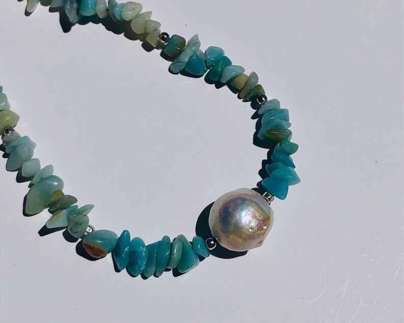 Aventurine Stone and Large Baroque Peal Necklace with Sterling Silver Square Beads Amazonite Labradorite Gift Pearl Necklace Iodite