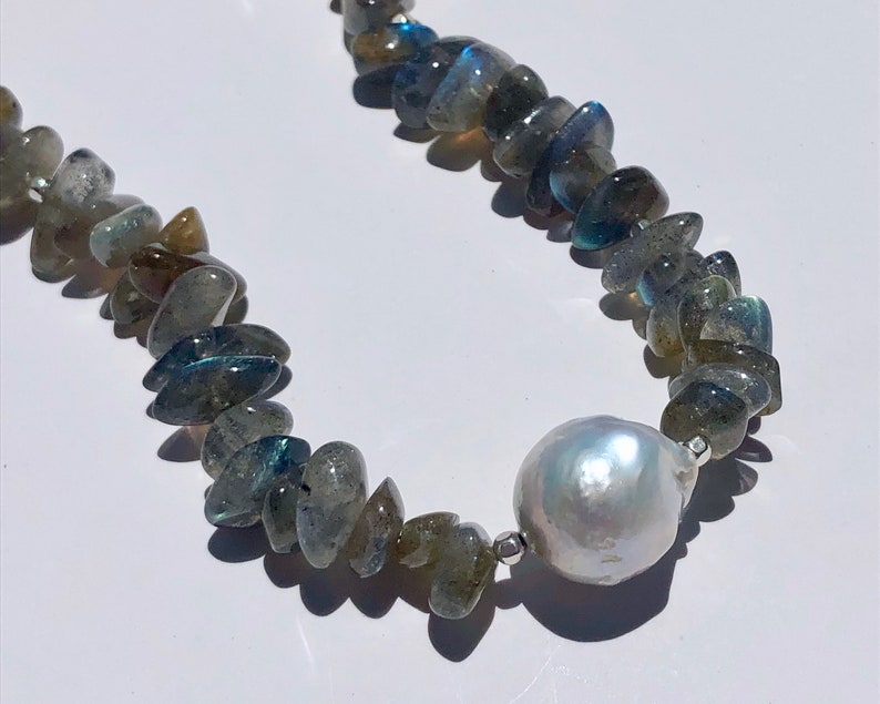 Aventurine Stone and Large Baroque Peal Necklace with Sterling Silver Square Beads Amazonite Labradorite Gift Pearl Necklace Iodite