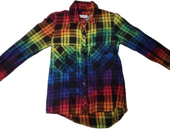 Rainbow Tie Dye Plaid Flannel Shirt – Upcycled Zara Woman XS