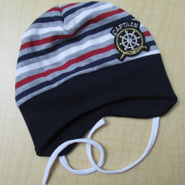 Baby hat with ties, Newborn hat with strings,COTTON hat, Beanie hat, Pilot cap, Boys hat, ear flap hat, Navy-striped 0-3 mths