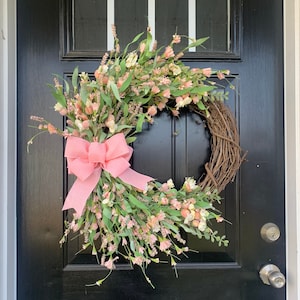 Spring Wreath for Front Door, Everyday Wreath, Housewarming Gift, Gift for Mom, Gift for Her, Mother's Day Gift, Messy Wreath, Pink Wreath