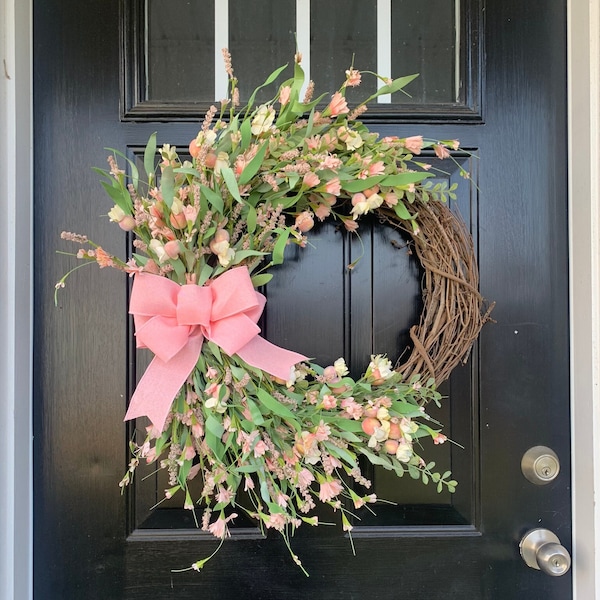 Spring Wreath for Front Door, Everyday Wreath, Housewarming Gift, Gift for Mom, Gift for Her, Mother's Day Gift, Messy Wreath, Pink Wreath