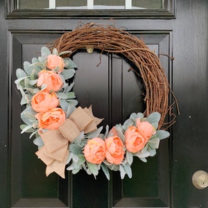 Spring Wreath for Front Door, Spring Peony Wreath, Peony Wreath, Lambs Ear, Wedding Wreath, Housewarming gift, Gift for Her, Gift for Mom