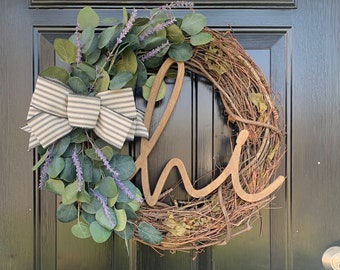 Farmhouse Wreath for Front Door, Lavender Wreath, Eucalyptus Wreath, Hi Wreath, Year Round Wreath, Everyday Wreath, Housewarming Gift