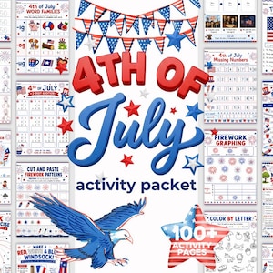 May include: A 4th of July activity packet featuring educational worksheets with red, white, and blue patriotic themes. The collection includes maths, science, and literacy exercises, decorated with stars, American flags, and a bald eagle illustration.