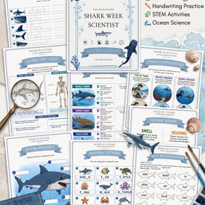 May include: A collection of 48 printable educational pages titled House of Wonder Shark Week Scientist. The sheets feature shark-themed reading, phonics, marine biology, handwriting practice, STEM activities, and ocean science lessons with illustrations.