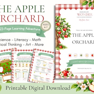 May include: A 123-page printable digital learning adventure titled The Apple Orchard for ages 4-7. The packet features science, literacy, math, and art activities with red and white gingham borders, apple tree illustrations, and floral accents.