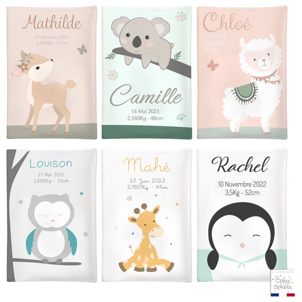 Protège carnet de santé personnalisé prénom et informations de naissance - biche, alpaga, hibou, pingouin, koala ou girafe