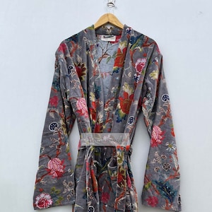 Floral Velvet Kimono Robe: Reversible Cotton Jacket