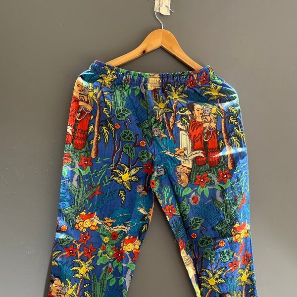 Frida Kahlo Pantalones de pijama de algodón hechos a mano indios, pantalones de salón para mujer, pantalones de playa, pantalones de pantalón floral