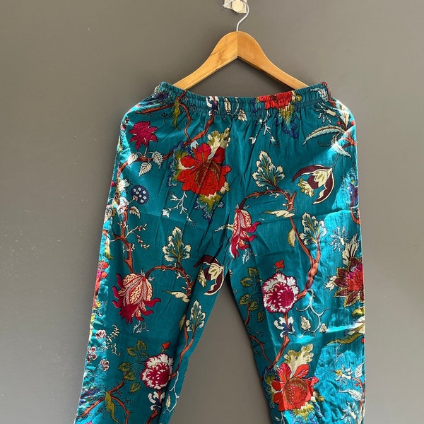 Indian Handmade Floral Print Cotton Pajama Pants, Women Lounge Pants, Beach Pants, Floral Trouser Pants