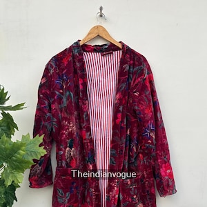 Floral Samt Kimono Robe: Langer Baumwoll Morgenmantel
