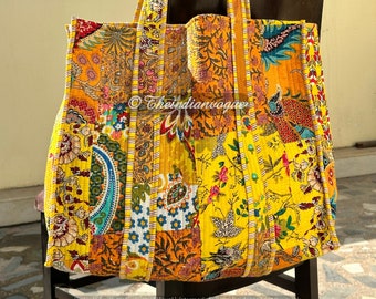 Cotton Handmade Quilted Tote Shopping Bag, Floral Print Cotton Market Bag, Jhola Baho Hippie Bag, Market Bag, Quilted Tote Bag Shoulder Bag