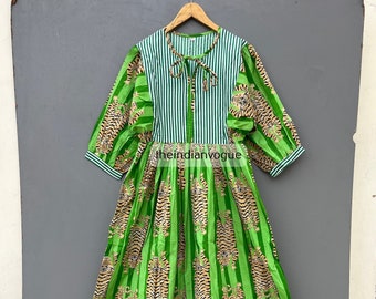 Beautiful Tibetan Tiger print Midi Dress, Mini Dress, , Deep Neck with string closer,Floral Long and short Block Print Dress