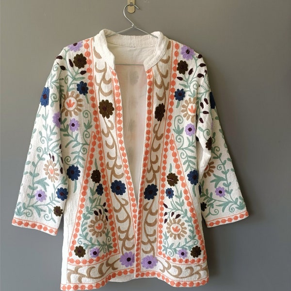 Handmade Suzani Embroidered Jacket, Bohemian Kimono Robe