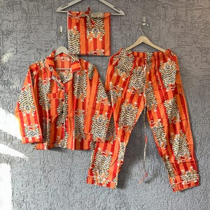 Hand Block Print Cotton Pajama Set: Boho Loungewear with Pouch