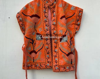 Velvet Embroidery Floral Vest Short coat, Velvet Suzani Hand Embroidered Short vest Embroidery coat, Sleeveless Bridesmaid Gift