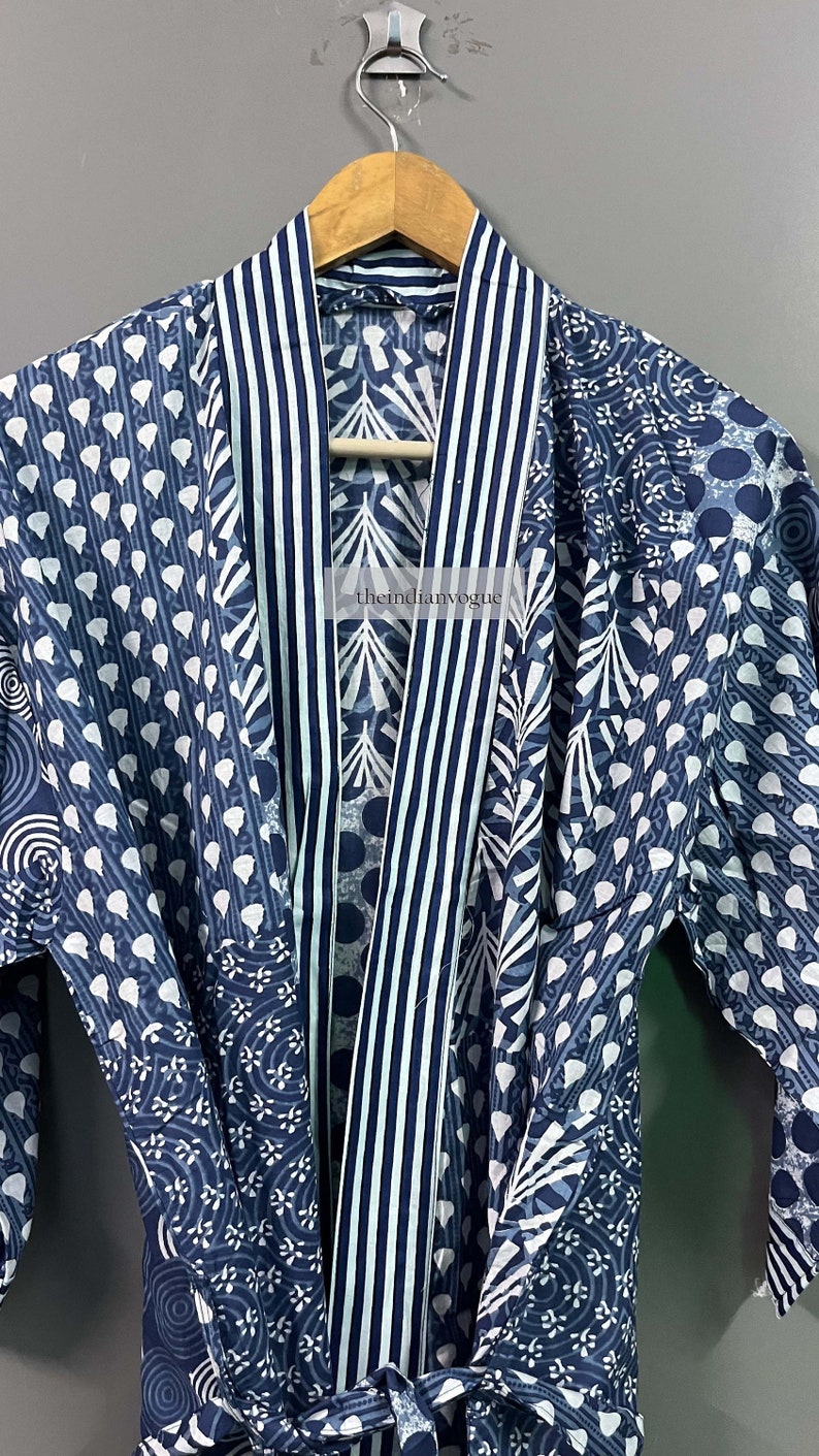 Vestaglia in kimono di cotone, vestaglia da damigella d'onore con stampa a blocchi, biancheria da notte estiva, taglia unica immagine 2