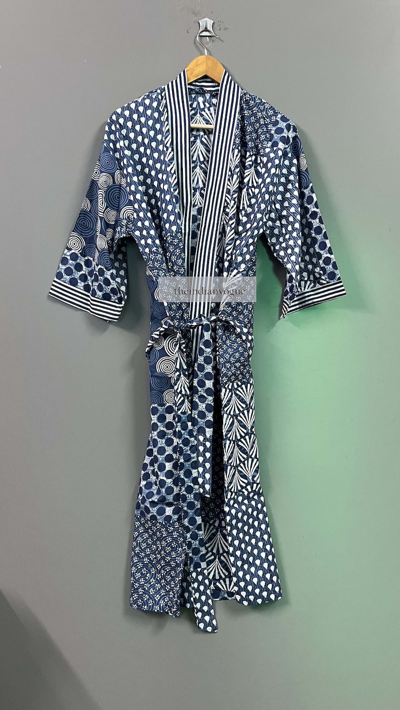 Vestaglia in kimono di cotone, vestaglia da damigella d'onore con stampa a blocchi, biancheria da notte estiva, taglia unica immagine 1
