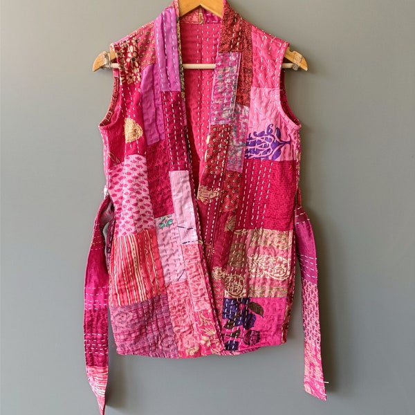 Kantha Vest Coat, Indian Handmade Cotton Vest Jacket, Women Wear Sleeveless Vest, Gift For Her, Short Vest