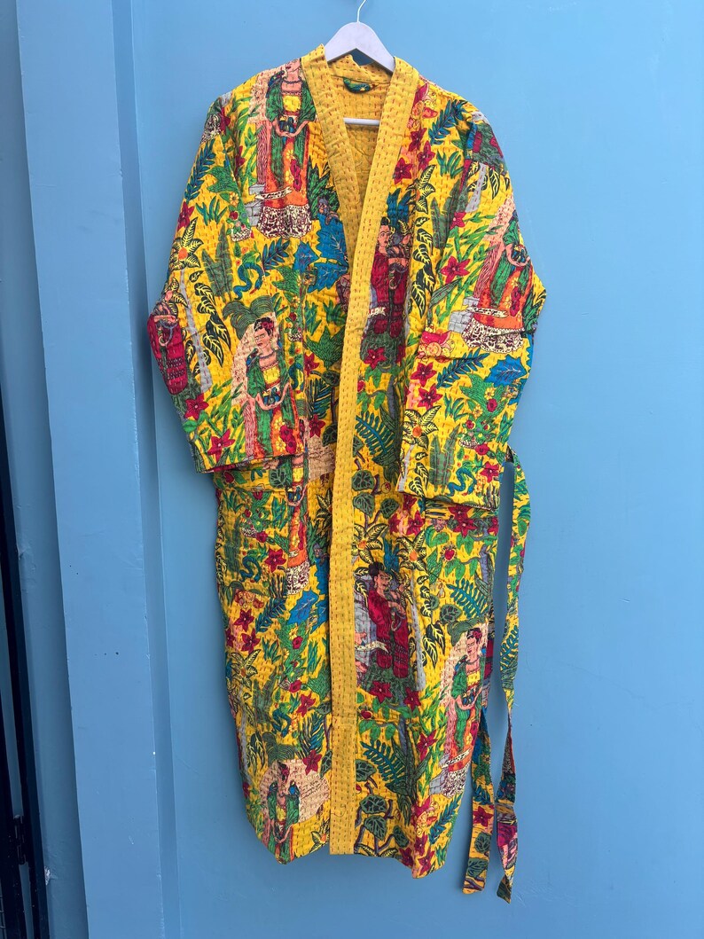 Indian Kantha Stitch Cotton Robe: Frida Kahlo Print Kimono Duster Coat ...