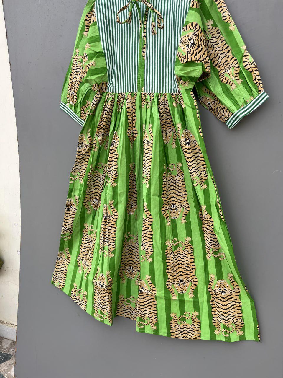 green dress with tigers Oversized Plisse Shirt Dress in Green Tiger Tales Print -Lala Original XS main image 0