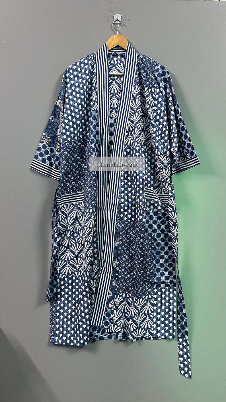 Vestaglia in kimono di cotone, vestaglia da damigella d'onore con stampa a blocchi, biancheria da notte estiva, taglia unica immagine 3