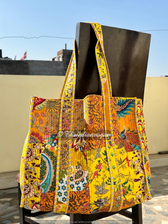 Beautiful Printed Quilted Tote Bag, Handmade Unisex Quilted Bag Soft Indian  Cotton Tote Bag, Travel Bag, Shoulder Bag, Large Tote Bag
