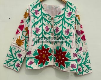 Regalo di Natale, giacca Suzani corta, giacca ricamata Suzani ricamata a mano, giacca kimono di cotone ricamata vintage, cappotto Suzani