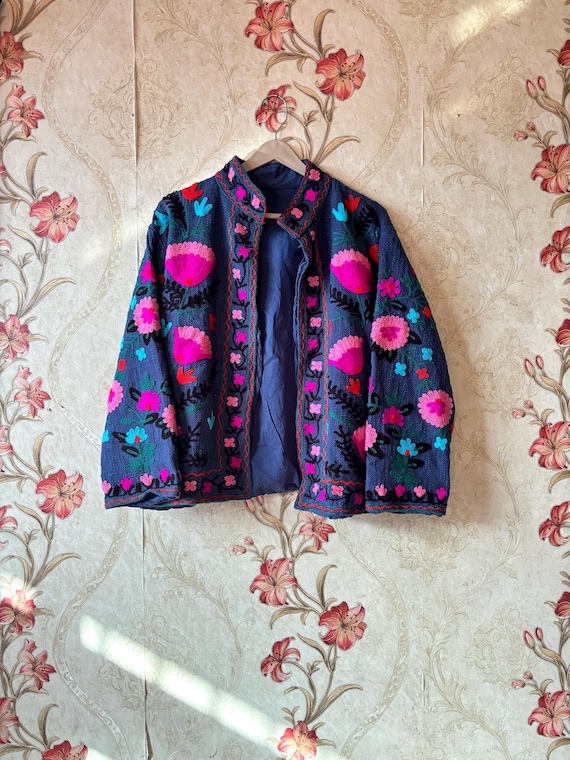 Indian Suzani Embroidery Jacket, Cotton Suzani Coat, Winter Wear Jacket Coat, Suzani Short Jacket, Hand Embroidered Jacket For Women