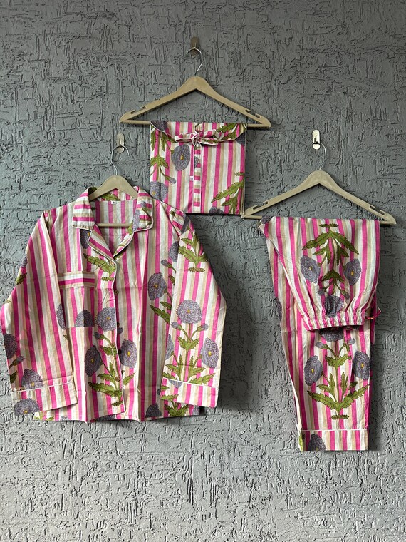 Hand Block Print Cotton Pajamas Set: Floral Indian Night Suit