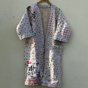 Handgjord Kantha Kimono-mantel: Boho Patchwork Bomullsjacka Dekorera Konst