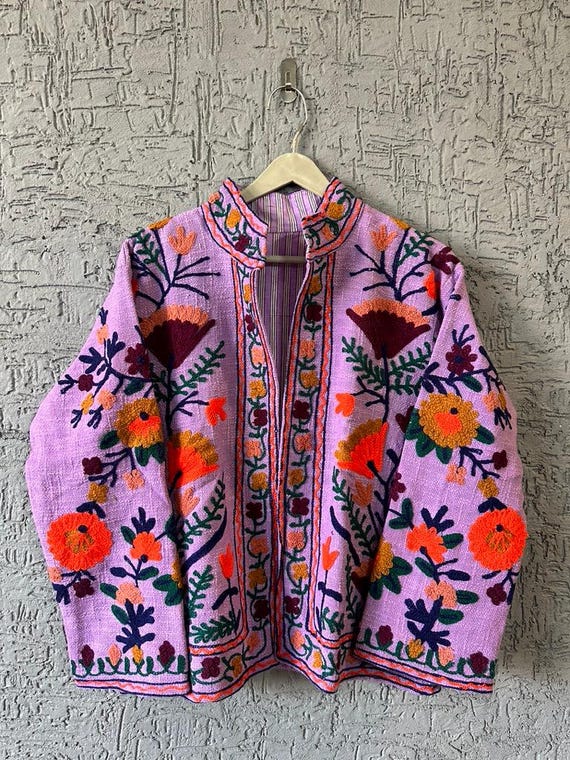 Beautiful Purple Cotton TNT Suzani Jacket: Floral Embroidered Ethnic Winter Coat