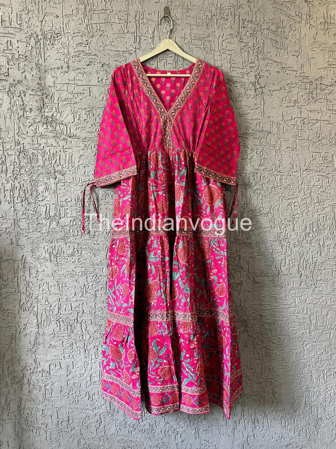 Sage Green Pink Floral Hand Block Printed Cotton Mini Dress – Puff Sleeve Boho Indian Dress