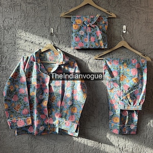 Mughal Floral Cotton Pajama Set: Indian Hand Block Print Sleepwear