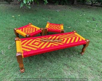 Cama de khat etíope hecha a mano con taburete: arte cultural