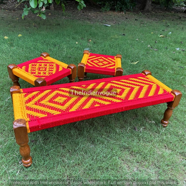 Traditional Indian Khat Handcrafted Ethiopian Khat Bed - Unique Cultural Artistry Bed, Rajasthani Desi Punjabi Style Khat With Stool Small