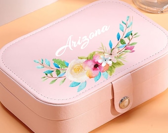 Personalized Jewelry Box Travel Jewelry Organizer Case, Flowers Jewelry Storage Box for Necklace, Bridesmaid Gift, Pink Rings Display JB6