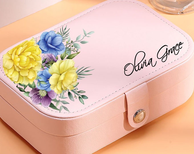 Jewelry Box Travel Jewelry Organizer Cases,Personalized Flowers Jewelry Storage Box for Necklace, Bridesmaid Gift, Pink Rings Display JB5